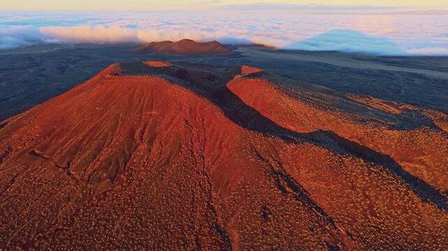 Scenic aerial perspective of volcanic cinder cones in Mojave Desert illuminated by golden sunrise light