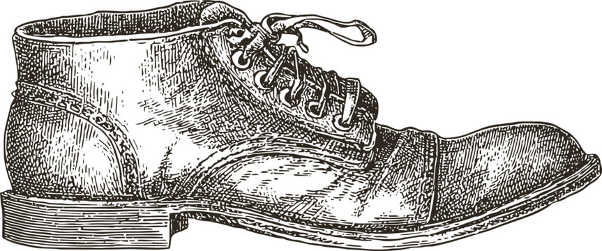 Vintage leather boot illustration classic lace up footwear detailed engraving retro fashion accessory drawing