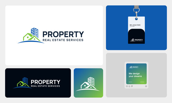 Modern real estate branding concept featuring a clean and professional logo that combines a house and high-rise building