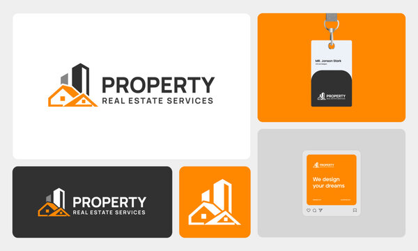 Modern real estate branding concept featuring a clean and professional logo that combines a house and high-rise building