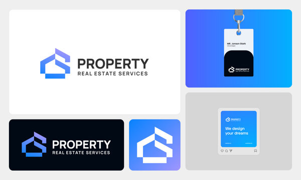 Modern real estate branding concept featuring a clean and professional logo that combines a house and high-rise building