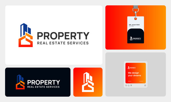 Modern real estate branding concept featuring a clean and professional logo that combines a house and high-rise building