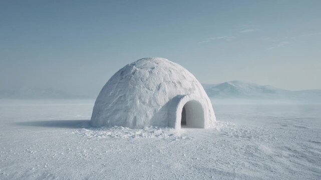 Igloo Snow Winter Cold Ice Frozen Arctic Landscape Shelter White Structure Frozen Plain Under Pale Sky With Soft Mist Showcasing Polar Scenery Frozen Tundra Wilderness Icy Shelter Snow Dome Cold