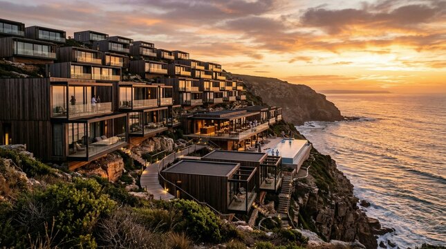Luxury modular resort on a rocky cliff overlooking the ocean during a golden sunset with infinity pool.