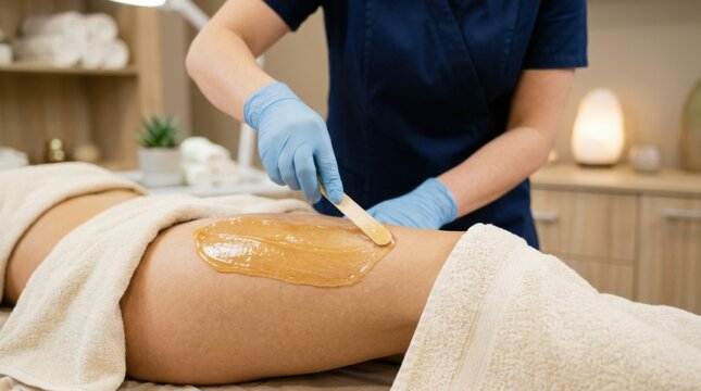 Professional beautician applying wax for bikini hair removal treatment