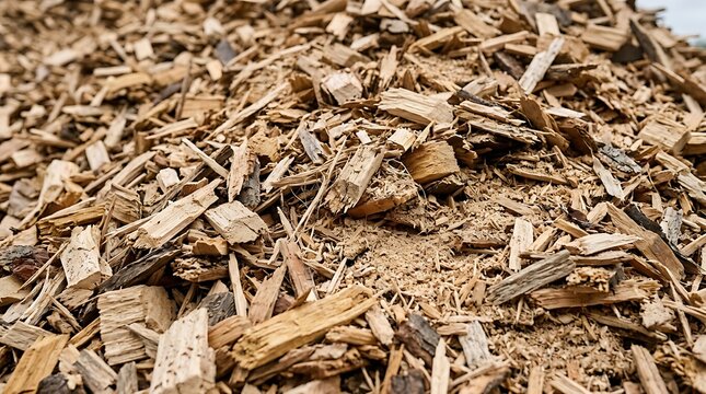 Close-up of a pile of rough, natural wood chips and splinters, perfect for landscaping and sustainable energy