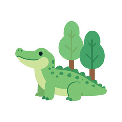 Obraz premium Stylized alligator standing near two trees in a simple and playful illustration