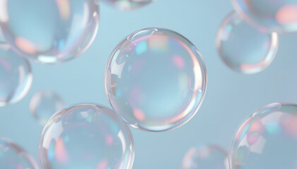 Naklejka premium Abstract Background of Floating Soap Bubbles with Iridescent Highlights on a Soft Blue Backdrop