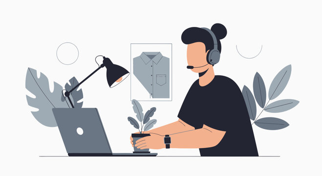 Customer support agent working on laptop with headset, online consultation, remote work