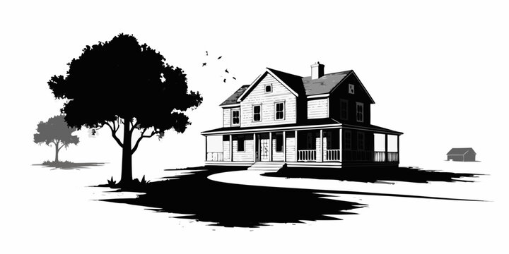 Black and white illustration of a classic american farmhouse with trees