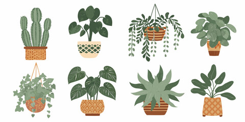 A collection of potted and hanging indoor plants in a flat style © Sanjoy