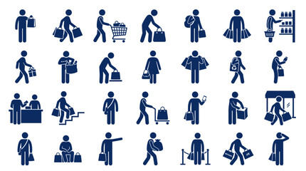 Fototapeta premium Collection of blue pictogram icons representing people shopping and consumer activities in various scenarios and poses