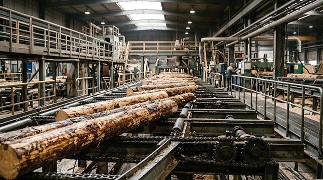 Industrial lumber processing facility with logs on conveyor belts for woodworking