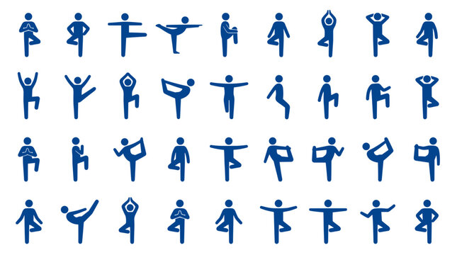 Collection of blue human stick figure icons demonstrating various yoga poses and balance exercises on a white background symbolizing health and wellness