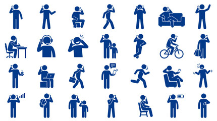 Fototapeta premium Collection of blue stick figures engaged in various activities using mobile phones and smartphones in different poses and situations