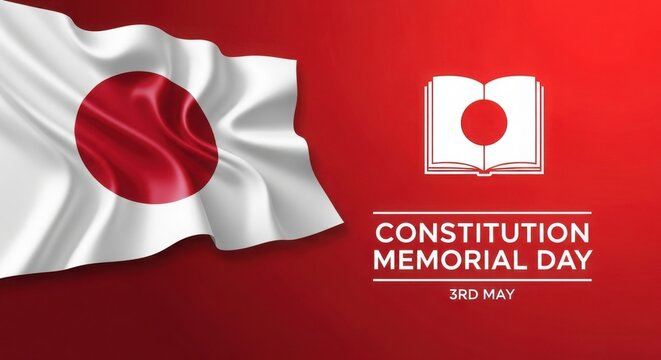 Japanese constitution memorial day poster with flag and book icon on red background