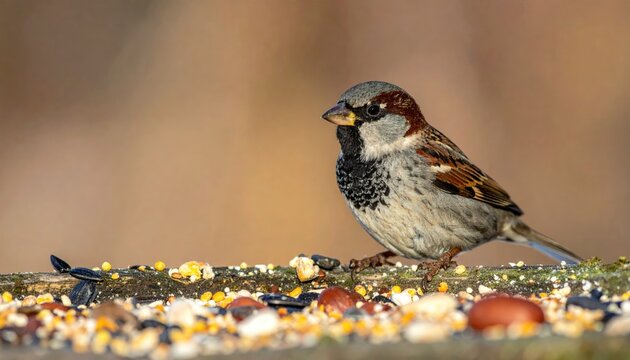Close Up Of A House Sparrow Perched On A Bird Feeder With A Blurred Background And Scattered Seeds During The Day In Autumn