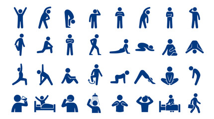 Fototapeta premium Collection of diverse stick figure icons representing daily activities and exercises for health and wellness concepts