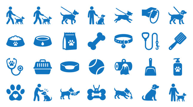 Collection of blue dog care and pet icons representing walking feeding grooming and health services for canine companions