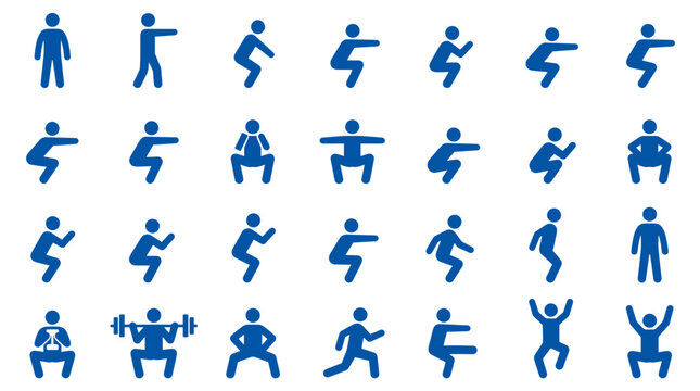 Collection of blue human icons representing various exercises and fitness activities like squats and weightlifting, symbolizing health and workout routines.