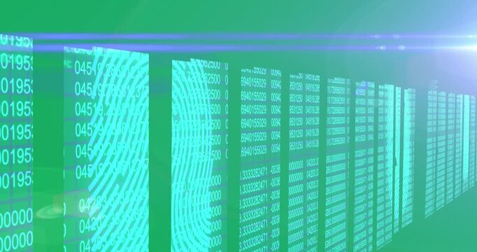 Animation of digital information flowing through network of computer servers in server room