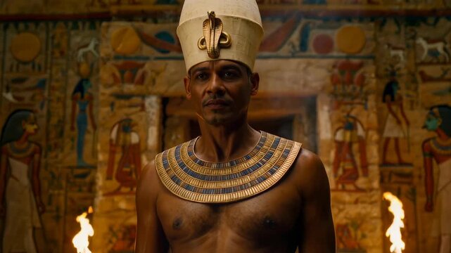 Egyptian pharaoh with white crown, golden cobra and jeweled collar in torchlit painted temple. Cinematic close-up portrait for history, mythology and documentary projects.
