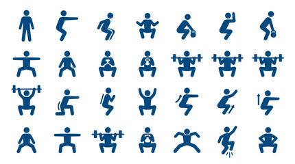 Fototapeta premium Collection of blue human icons demonstrating various squat exercises and weightlifting movements for fitness and workout routines