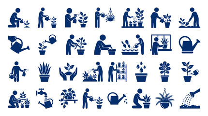 Fototapeta premium Collection of garden icons depicting plant care watering and gardening activities isolated on white background