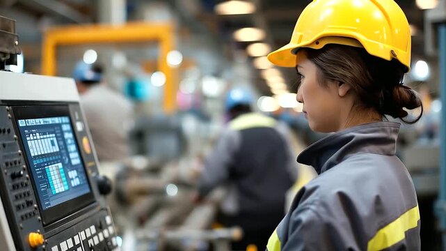 Woman in hard hat at control panel, faceless factory worker operating machinery, industrial automation interface, manufacturing technology, professional engineering, production