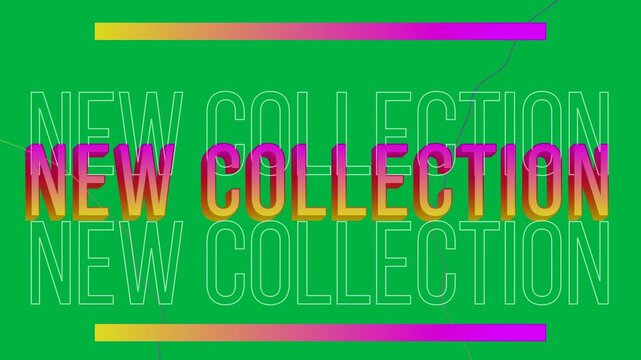 Animation of new collection text in pink and yellow letters in repetition on white background