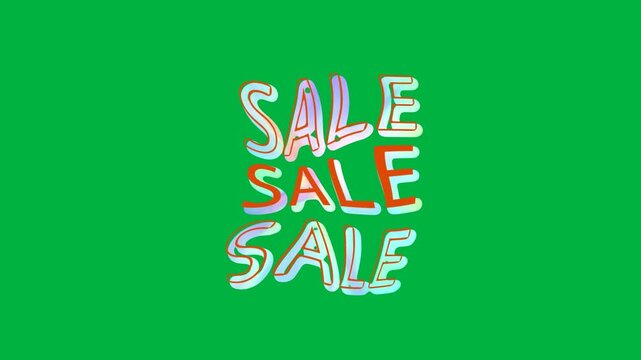 Animation of colorful, moving and glowing sale text on white background