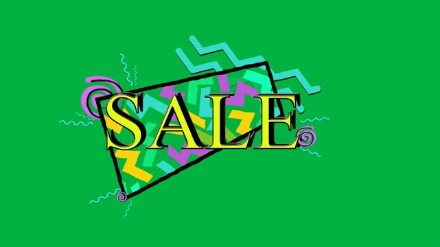 Animation of sale text in yellow letters and colorful graphics on white background