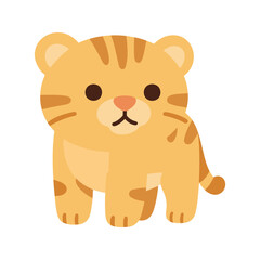 Fototapeta premium Cute cartoon tiger cub standing on a white background looking straight ahead