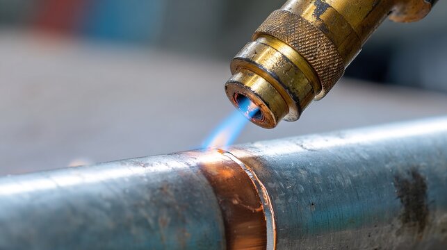 oxyacetylene. Close-up of a blue torch flame heating a metal joint with molten filler metal. safety posters, maintenance manuals, designed for industrial assembly lines and welding operations.