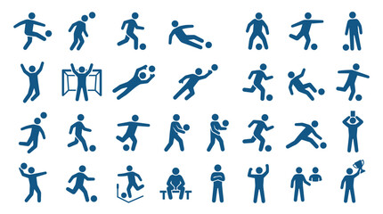 Collection of blue soccer player icons depicting various actions and poses on a white background, representing sports and team activities. © Iconique Studio