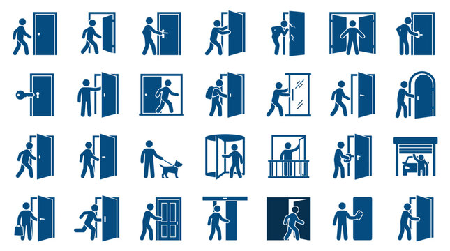 Collection of door icons representing entry exit movement and access in various scenarios with people and objects