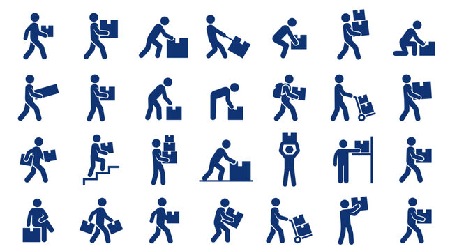 Collection of blue pictogram icons illustrating various ways people lift and carry boxes and packages, representing logistics and delivery services.