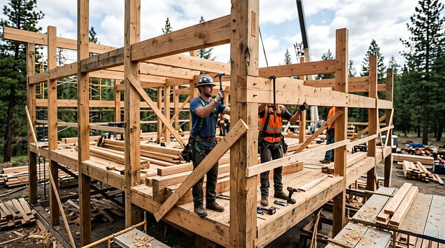 Construction workers building a wooden frame structure in a forested area with tools and equipment visible