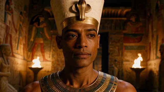 Egyptian pharaoh with white crown, golden cobra and jeweled collar in torchlit painted temple. Cinematic close-up portrait for history, mythology and documentary projects.
