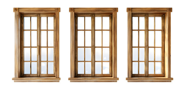 Three wooden windows with multiple panes isolated on transparent background.