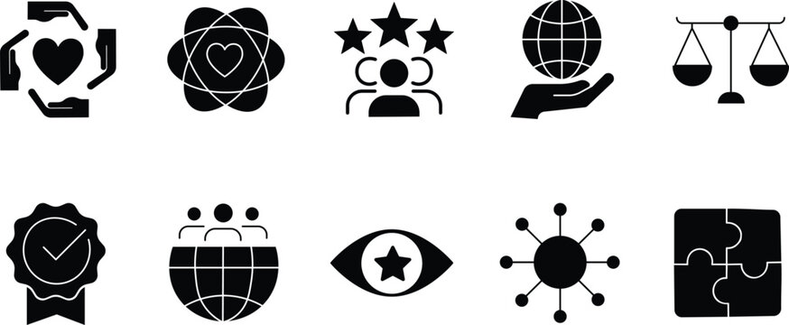 Corporate social responsibility icons set, 10 black solid vector symbols for business ethics, sustainability and company core values