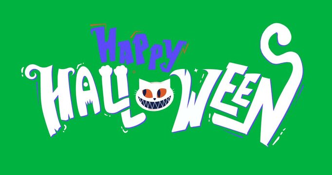 Animation of halloween greetings and crazy cat head on white background