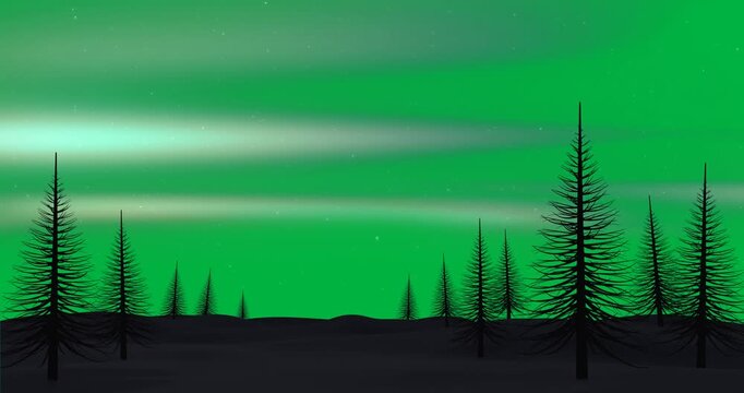 Animation of blue aurora borealis glowing over fir trees covered in snow in winter