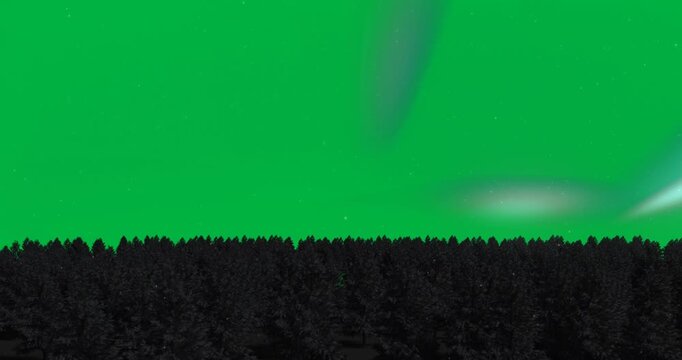 Animation of aurora borealis glowing over fir trees covered in snow in winter
