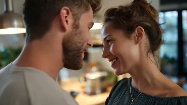 Kitchen portrait with defocused faces, couple in modern culinary space, contemporary home design, domestic lifestyle concept, cooking area, relationship scene, soft focus, with