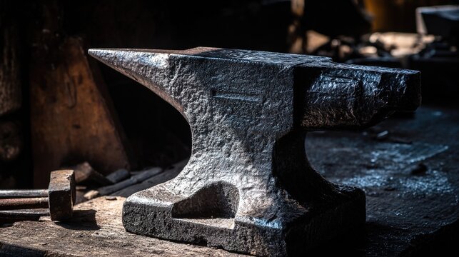 anvil. Heavy blacksmith anvil with hammer marks, metal texture in workshop setting. safety posters, maintenance manuals, designed for industrial assembly lines and welding operations.