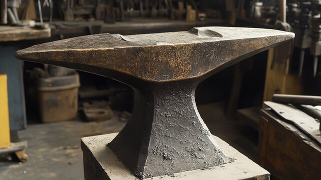 anvil. Heavy blacksmith anvil with hammer marks, metal texture in workshop setting. safety posters, maintenance manuals, designed for industrial assembly lines and welding operations.