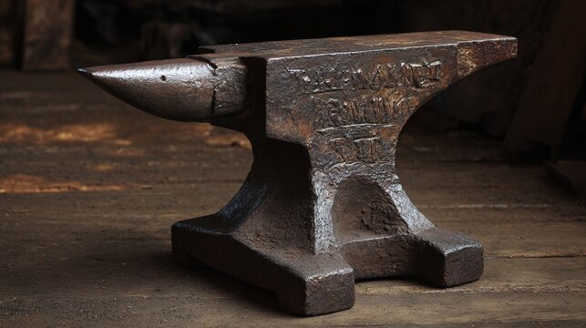 anvil. Heavy blacksmith anvil with hammer marks, metal texture in workshop setting. safety posters, maintenance manuals, designed for industrial assembly lines and welding operations.