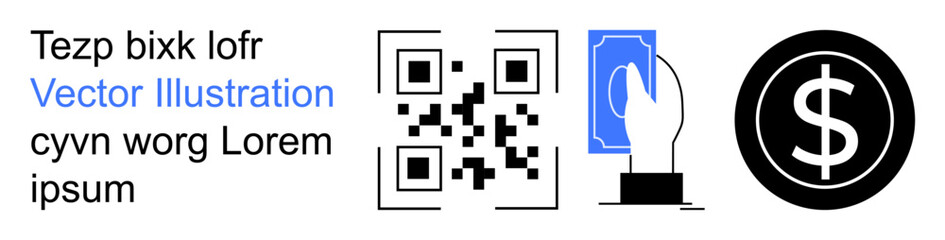 Fototapeta premium Digital payments, cashless economy, QR scanning, financial technology, online shopping, mobile banking. A QR code, a hand scanning and a dollar sign . Digital payments and financial technology