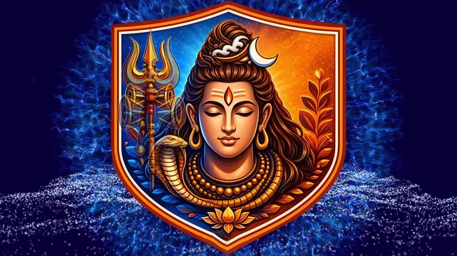 Epic Lord Shiva badge illustration with trident and sacred flames, ocean waves backdrop, spiritual protection emblem, divine energy, cosmic harmony, vector artwork high detail 